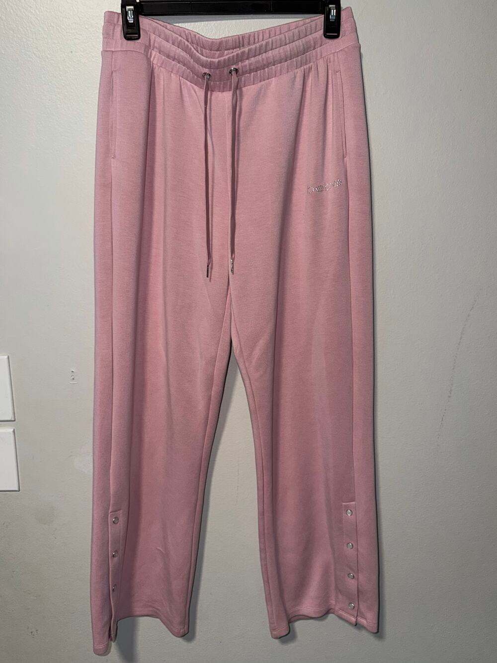 bebe Sport Pink Track Pants Rhinestone Logo Snap Hem